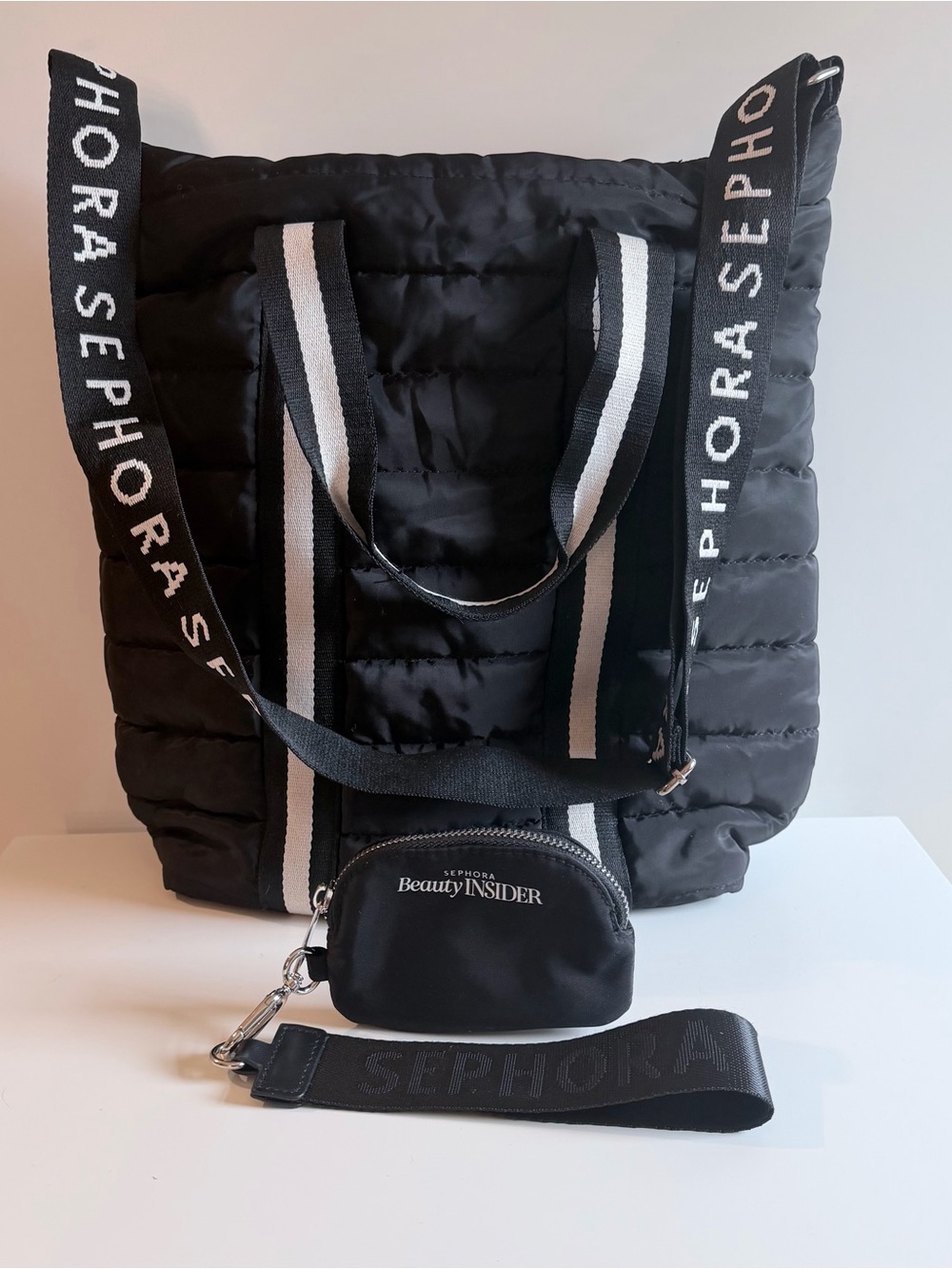 Sephora Black Puffer Crossbody w/Cosmetic Pouch & Black Logo Strap